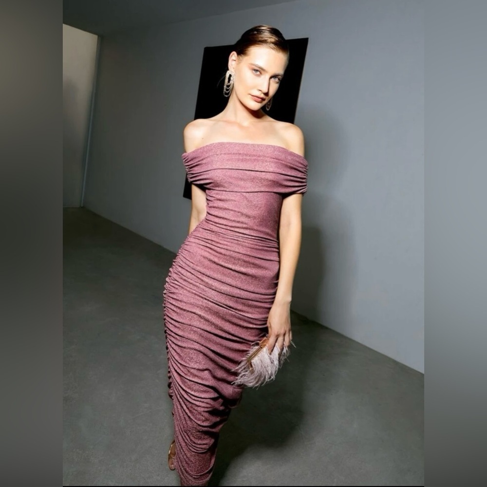MOTF Off-Shoulder Ruched Purple Midi Dress